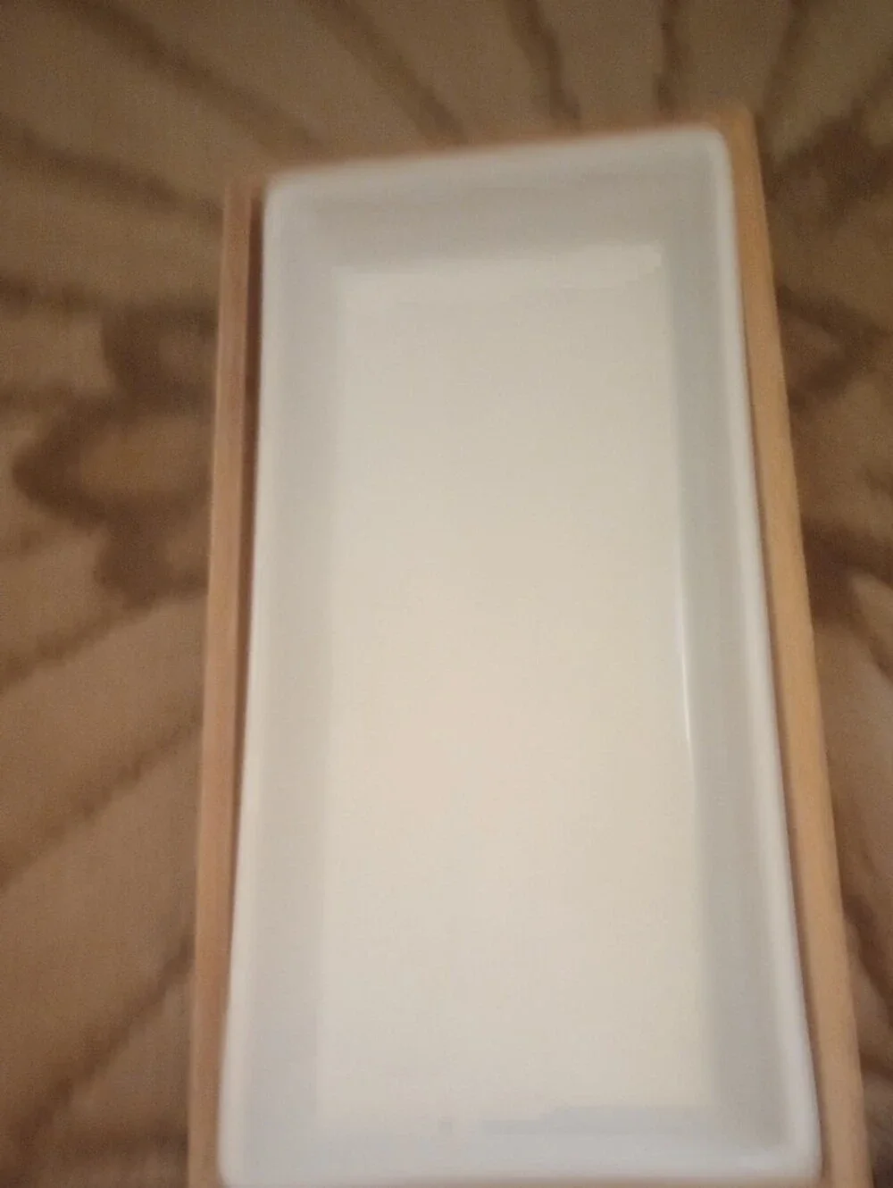 NWT White Ceramic Vanity Tray with Natural Wood Base - Minimalist Organizer